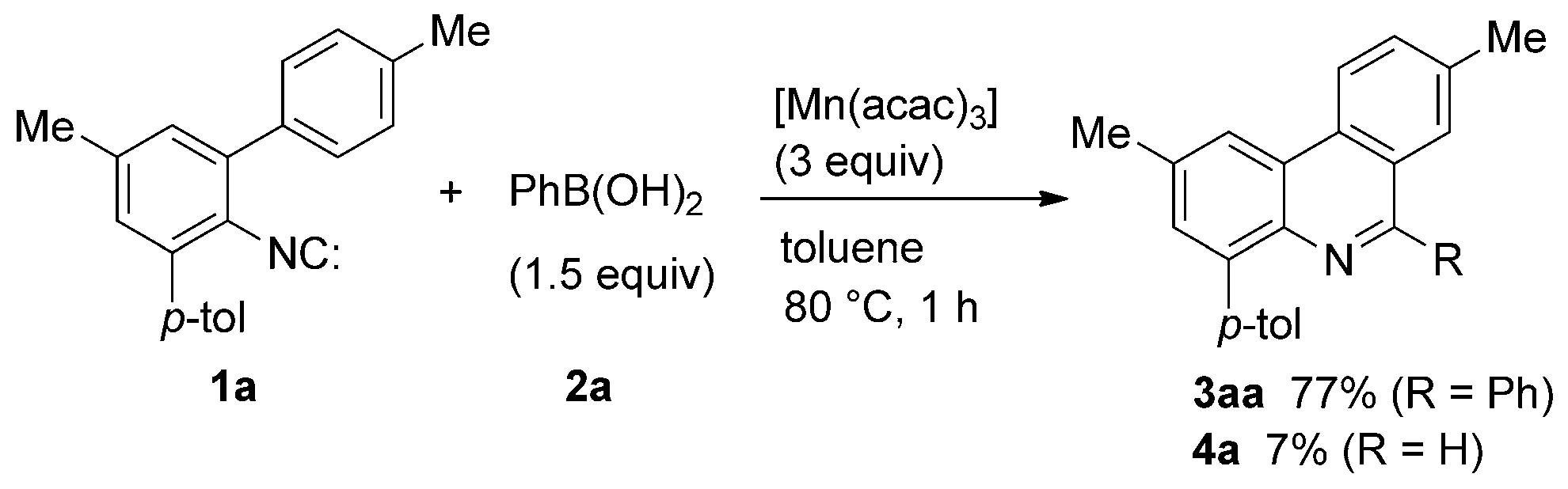 Manganese(III) mediates the cyclization of 1a and 2a.