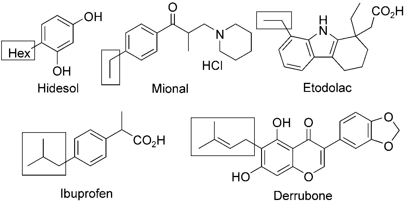 Drugs and bioactive natural products with alkyl side-chains: Hidesol, Mional, Etodolac, Derrubone