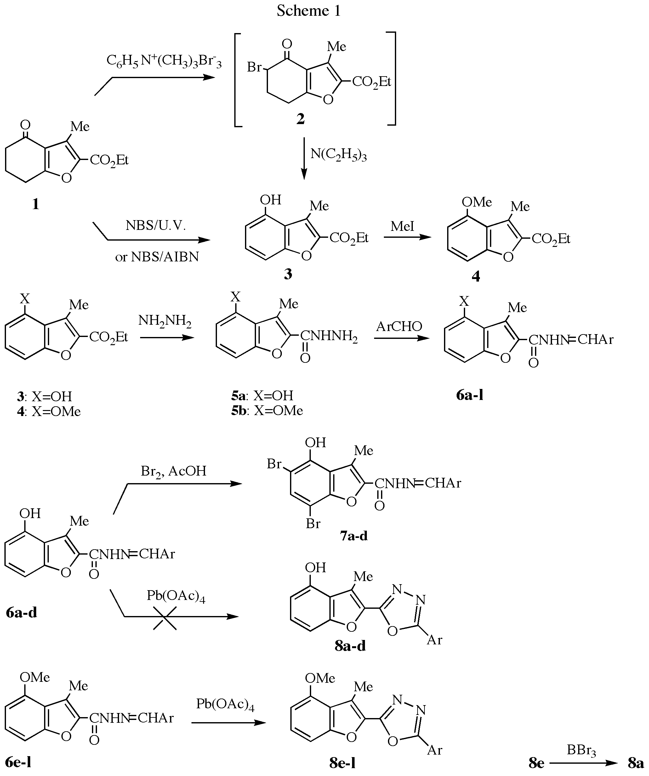 Synthesis of [1,2,3]selenadiazolo[4,5-e]benzofuran or benzothiophene, [1,2,3]thiadiazo[4,5-e]benzofuran or benzothiophene and 2-benzofuranyl-1,3,4-oxadiazole derivatives