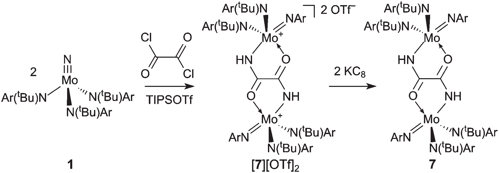 Treatment of 1 with oxalyl chloride to give [7][OTf]2 and subsequent reduction to give 7.