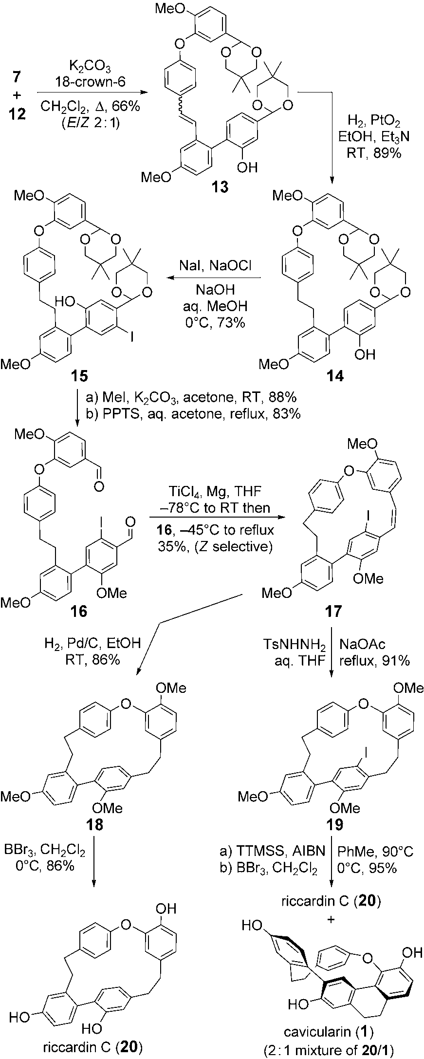 Total synthesis of cavicularin (1) and riccardin C (20).  Ts =p-toluenesulfonyl, TTMSS=tris(trimethylsilyl)silane, AIBN=azo-bis(isobutyronitrile). 