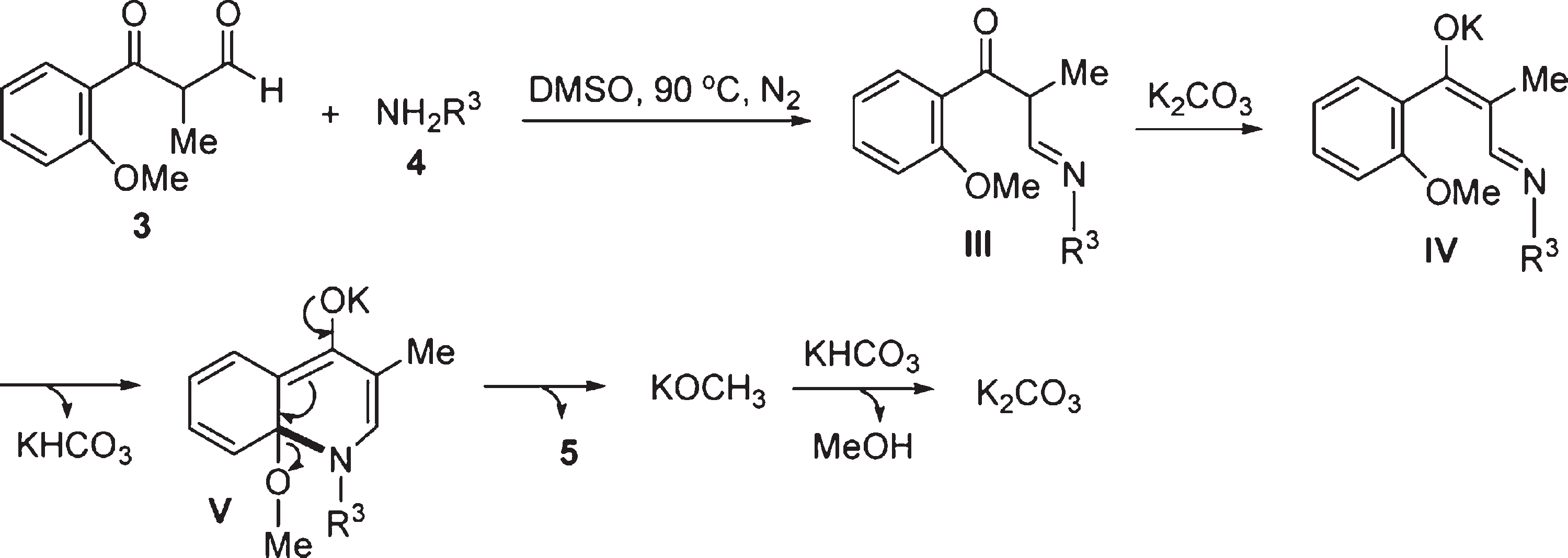 Possible Mechanism on Coupling of 3 with 4 Followed Intramolecular Cyclization under Base-Catalysis Leading to 4-Quinolone Derivative (5)