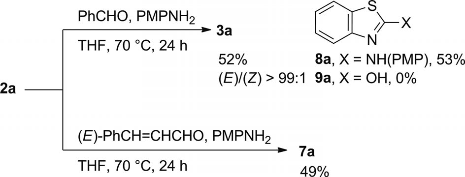 Reactions of sulfone 2a with aldehydes in the presence of p-methoxyaniline.