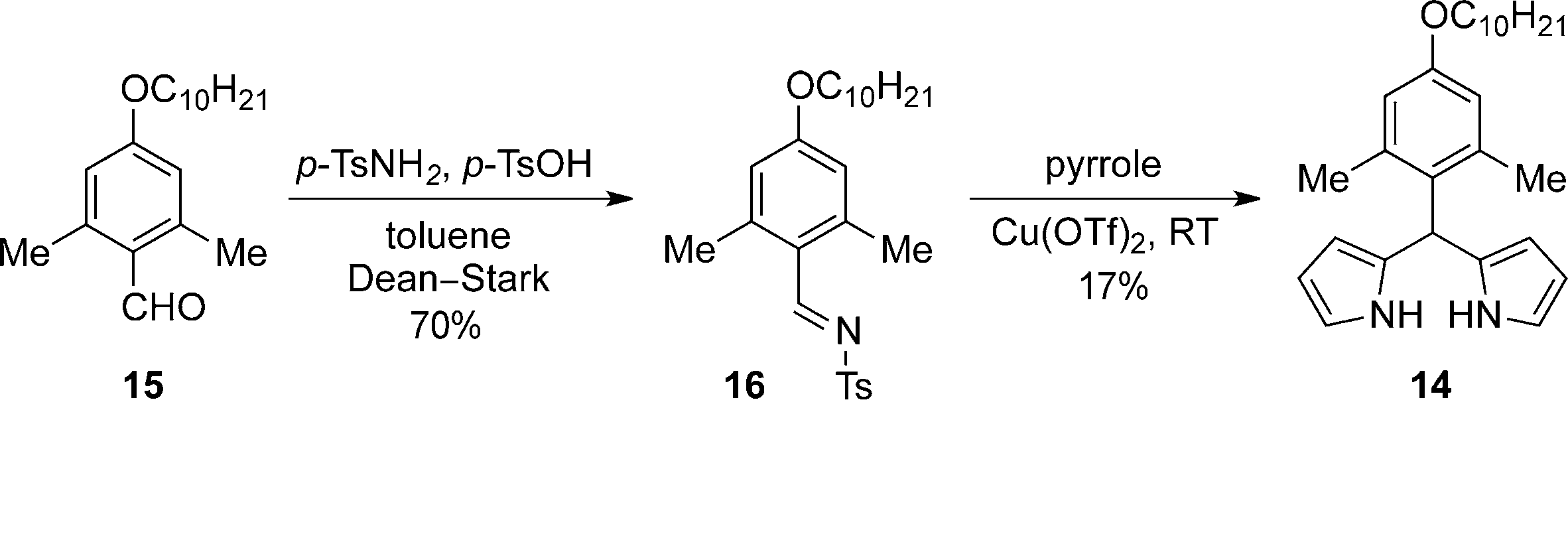 Synthesis of dipyrromethane 14 required for the porphyrin condensation reaction.