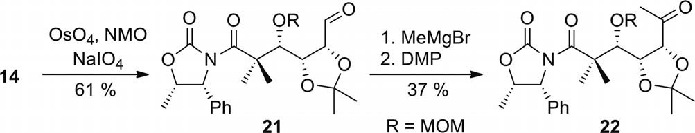 Preparation of methyl ketone 22 (NMO = N-methyl-morpholine-N-oxide; DMP = Dess–Martin periodinane). 