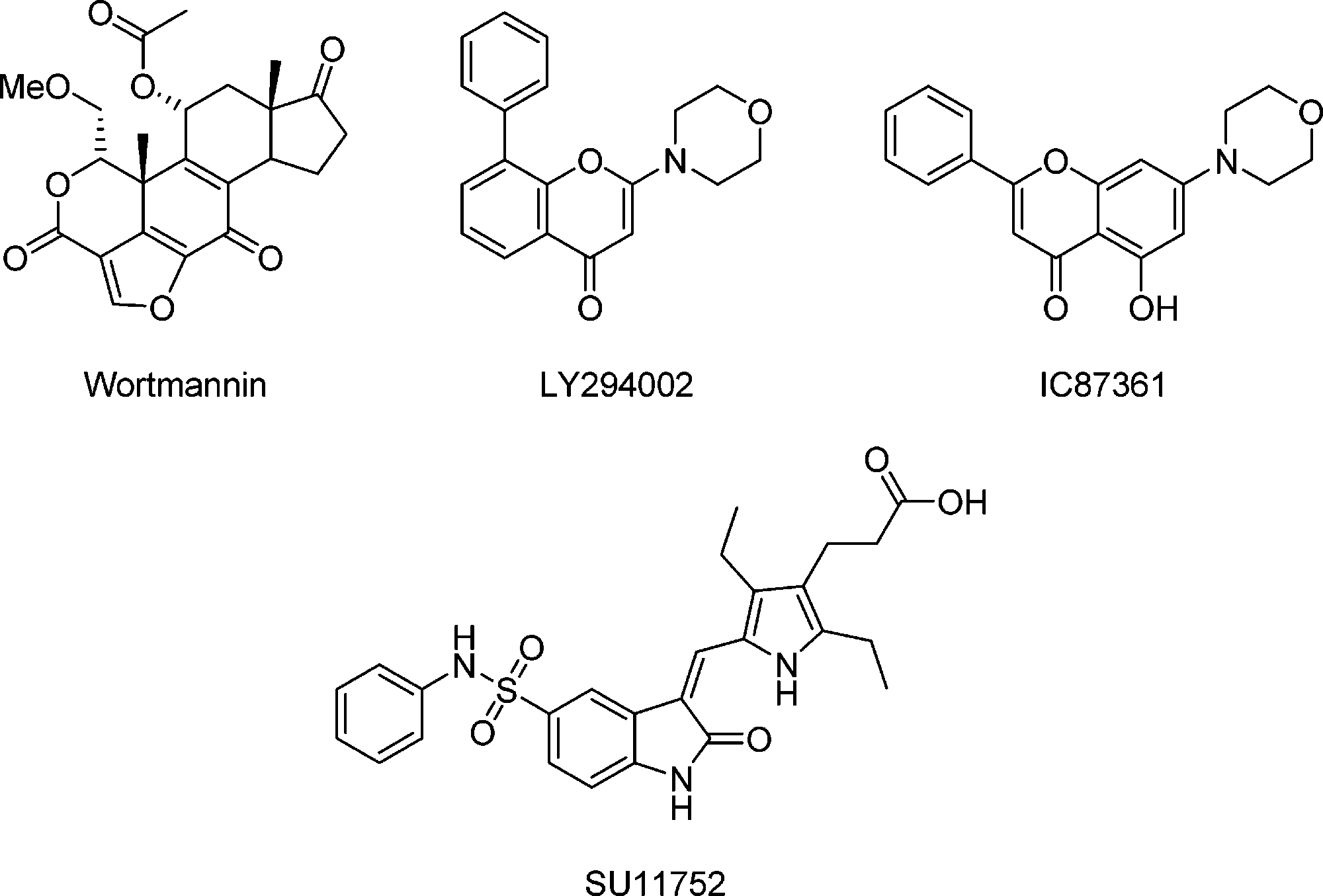 Structures of DNA-PK Inhibitors: wortmannin, LY294002, IC87361, SU11752.