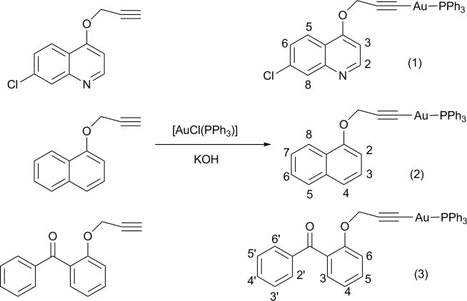 Propargyl ethers 7-chloro-(4-propargyloxy)quinoline, 1-propargyloxynaphthalene, and 2-propargyloxybenzophenone reacted with [AuCl(PPh3)] in the presence of KOH to produce colorless, air- and humidity-stable gold(I) alkynyl complexes ≡[Au(C COCH2Ar)(PPh3)] (1-3) in good yields (Scheme 1).