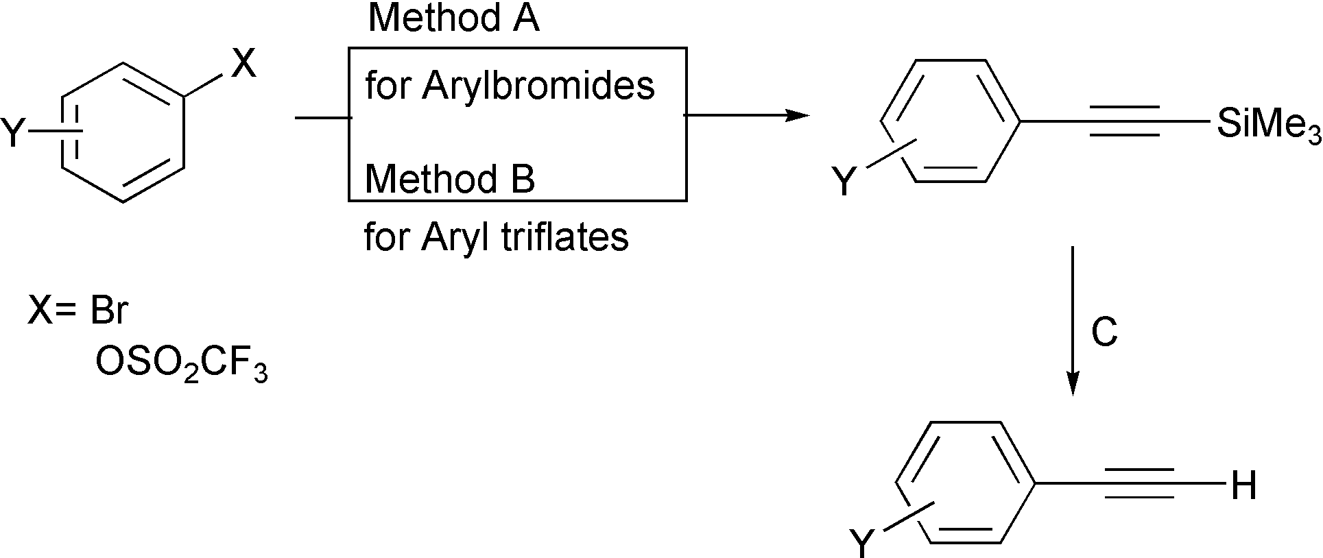 Method A) (Ph3P)4Pd, CuI, Et3N, trimethylsilylacetylene.  Method B) (Ph3P)2PdCl2, Et3N, DMF, trimethylsilylacetylene. C)  K2CO3, MeOH.