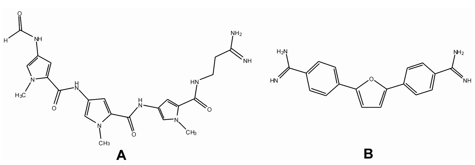 Structures of distamycin A and furamidine B.