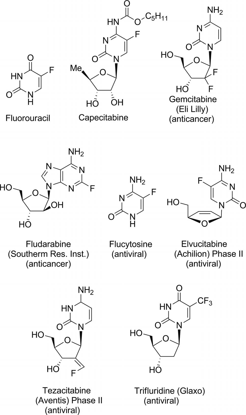 Fluorinated purine and pyrimidine antimetabolites clinically used for the treatment of numerous cancers and viral infections: Fluorouracil, capecitabine, gemcitabine, fludarabine, flucytosine, elvucitabine, tezacitabine, trifluridine.