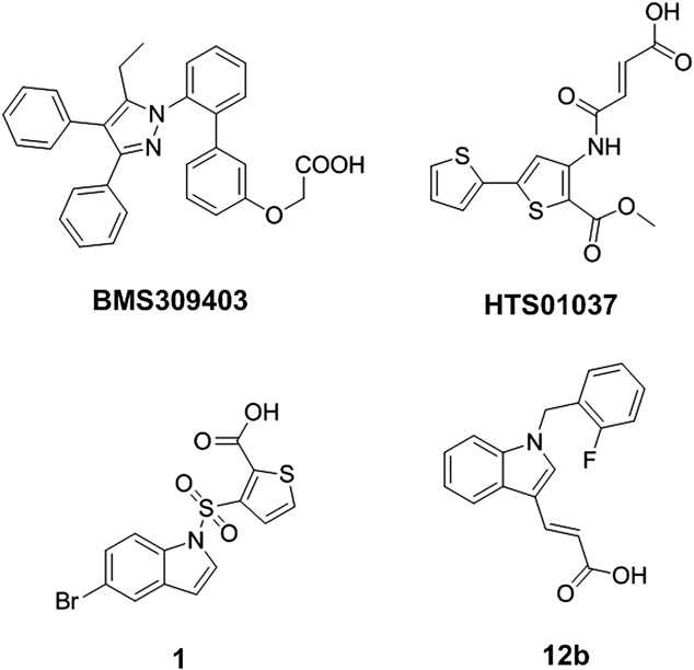 Structure of BMS309403, HTS01037, 1 and 12b.