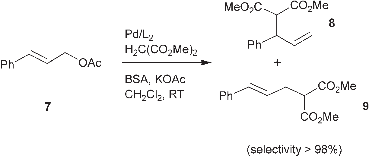 Palladium-catalyzed allylic substitution of the unsymmetrical substrate 7. BSA=N,O-Bis(trimethylsilyl)acetamide.