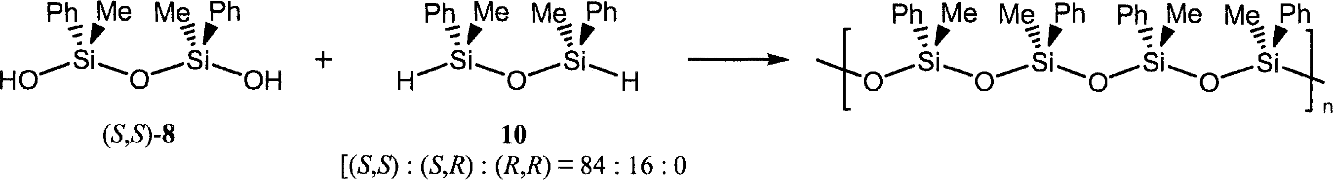Synthesis of syndiotactic poly(methylphenylsiloxane) (PMPS).