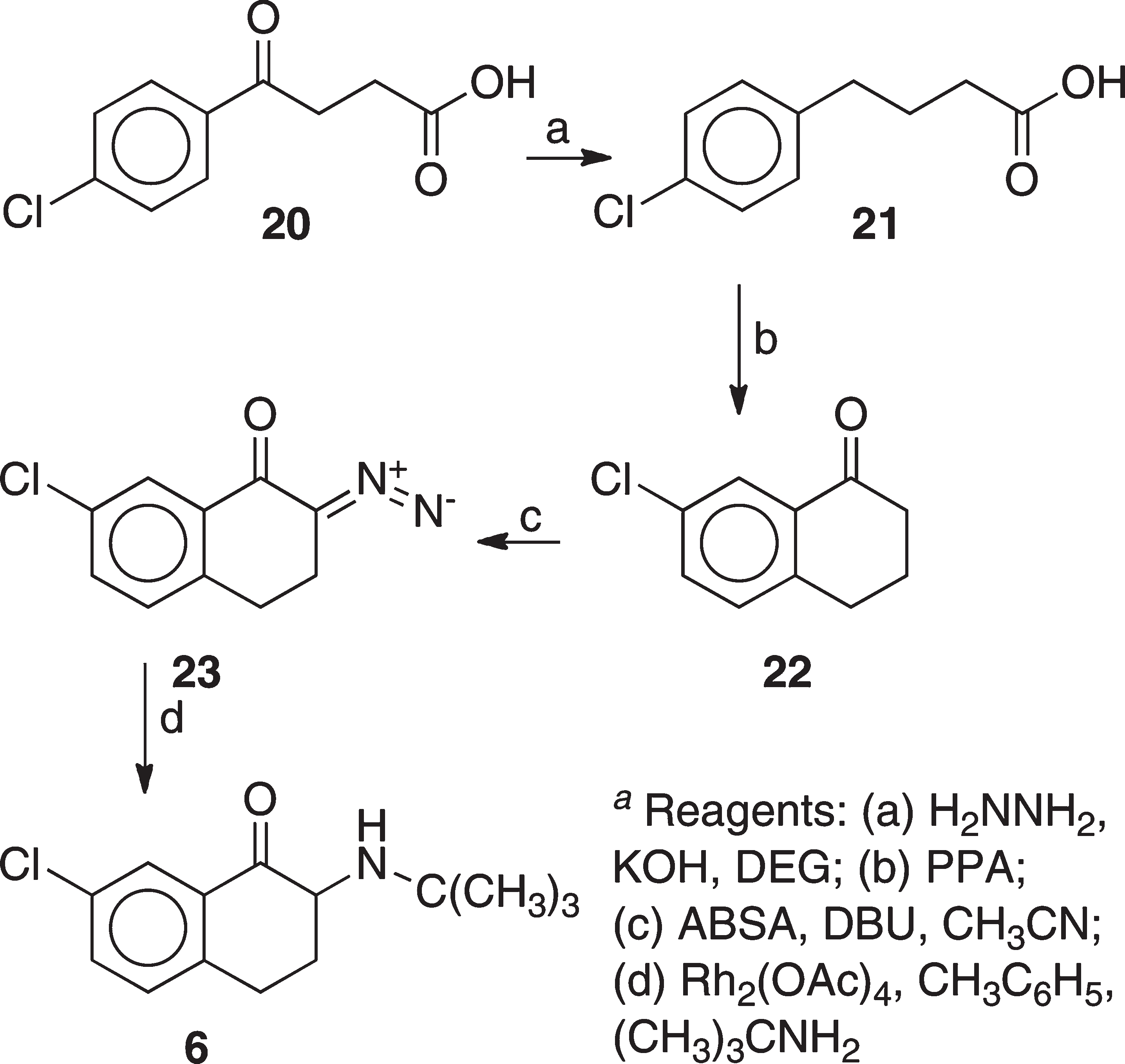 Scheme 5 outlines the synthesis of 1a analogue 6. Treatment of 20 with hydrazine and potassium hydroxide in refluxing diethylene glycol (DEG) afforded 21. Compound 21 was cyclized to 22 using polyphosphoric acid (PPA). Subjection of 22 to acetamidobenzenesulfonyl azide (ABSA) in acetonitrile containing 1,4-diazabicyclo[5.4.0]undec-7-ene (DBU) yielded the diazo compound 23. Treatment of 23 with tert-butylamine in dry toluene in the presence of ruthenium acetate provided 6. 