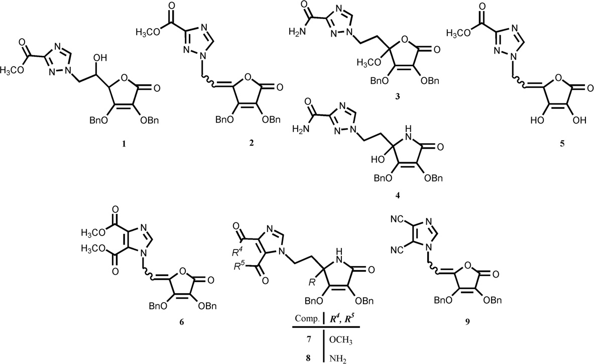 The novel 1,2,4-triazole-3-carboxamide and 4,5-disubstituted-imidazole L-ascorbic acid (1, 2, 3, 5, 6 and 9) and imino-ascorbic acid (4, 7 and 8) derivatives.