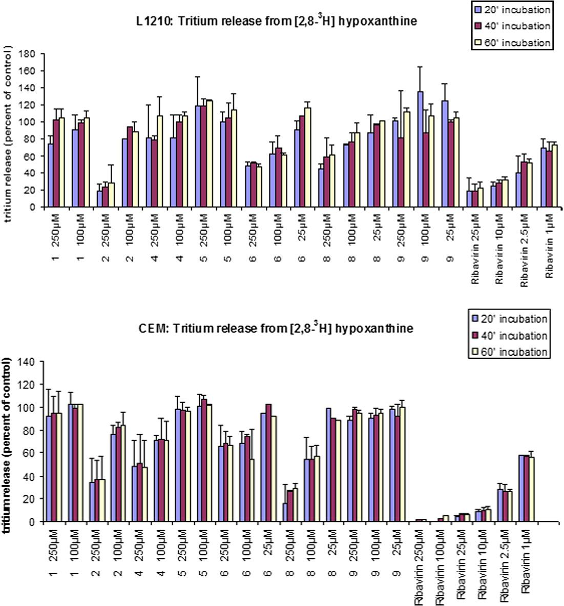 IMP dehydrogenase activity measurements in L1210 and CEM cell cultures in the presence of ribavirin and the test compounds.