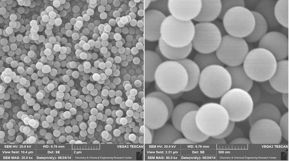 SEM images of silica particles prepared using the Stçber method. 