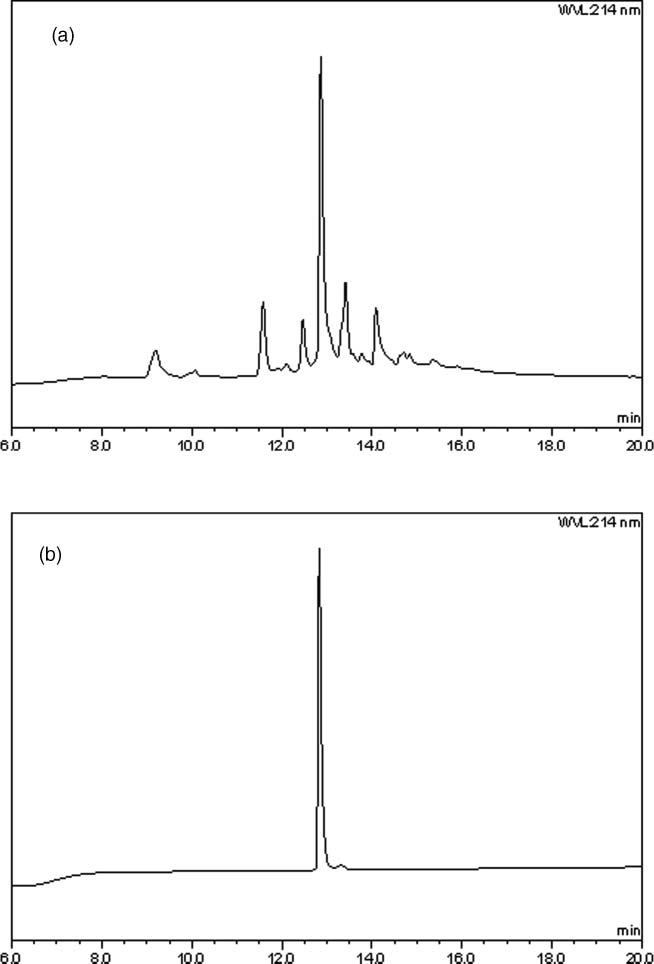 (a) HPLC spectrum of crude arginine 3 after solid phase assembly and two-step deprotection. Conditions: Same as Figure 3. (b) HPLC spectrum of arginine 3 after single-step final purification. Conditions: Same as Figure 3.