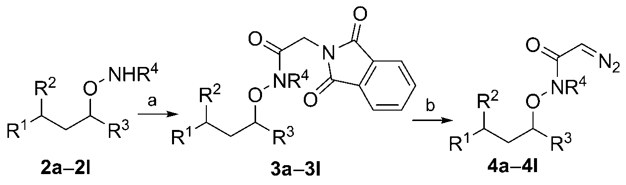 Synthesis of N-alkoxy-N-alkyl diazoamides 4a–4l: a) Phthalylglycyl chloride, Et3N, CH2Cl2, 0℃, 5 h; b) hydrazine, ethanol, 40℃,  4 h; then NaNO2, H2O, CH2Cl2, HCl or HOAc (pH 2–4), 0℃, 2 h.