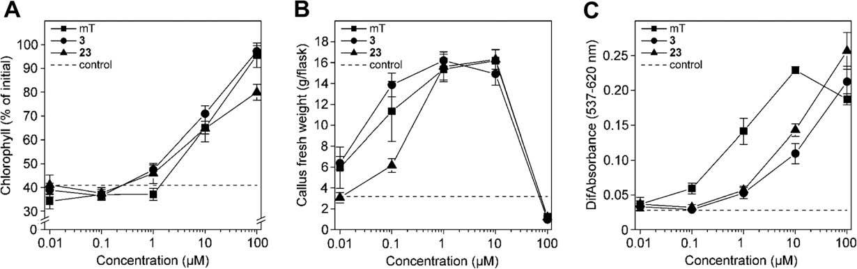The Influence of 9-tetrahydropyran-2-yl and 9-tetrahydrofuran-2-yl groups on the biological activity of 6-benzyl-(3-hydroxybenzylamino)purine in classical cytokinin bioassays. (A) The effect on chlorophyll retention in excised wheat leaf tips; (B) the growth of cytokinin-dependent tobacco callus; (C) the effect on dark betacyanin synthesis in Amaranthus caudatus cotyledon-hypocotyl explants.
