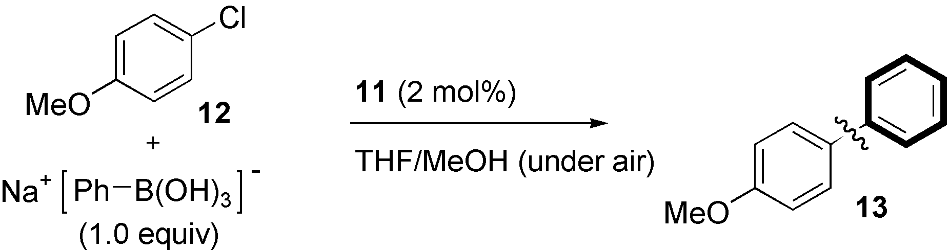 Cross-coupling reaction of a deactivated substrate, p-chloroanisole (12), and sodium phenyltrihydroxyborate mediated by complex 11 in air. 