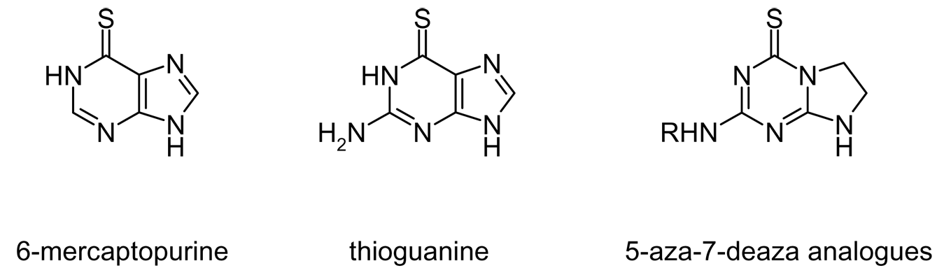 Structures of 6-mercaptopurine and thioguanine and their 5-aza-7-deaza analogs.