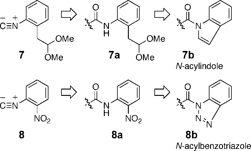 Structures of convertible isocyanides 1-isocyano-2-(2,2-dimethoxyethyl)benzene (7) and 2-nitrophenyl isocyanide (8). 