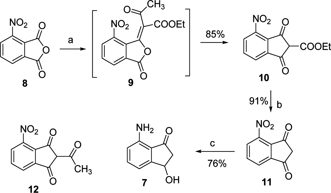 Reagents and conditions: (a) ethyl acetoacetate, acetic anhydride,  triethylamine, dichloromethane, room temperature, 30 min; (b) trifluroacetic, acetonitrile, room temperature, 45 min; (c) 40 psi H2, 10% Pd=C, methanol, 24 h.