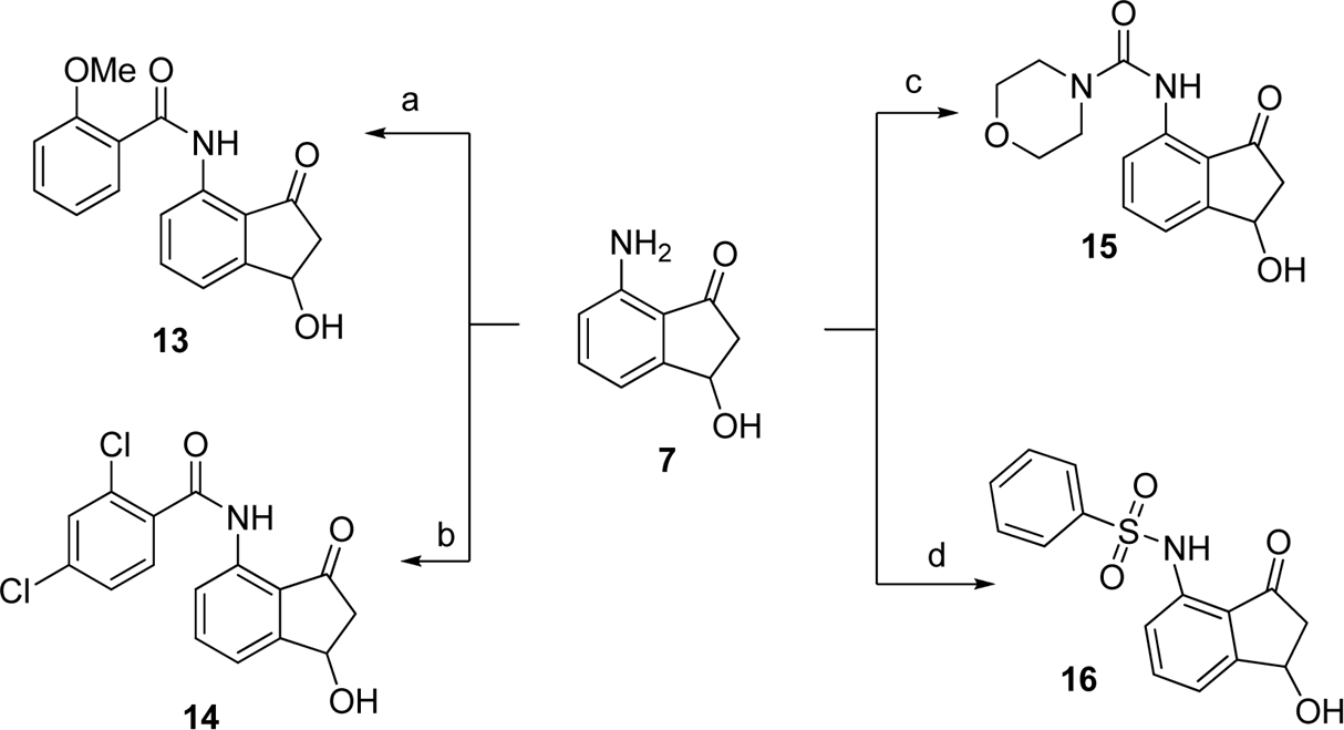 Reagents and conditions: (a) 2-methoxbenzoyl chloride, DIEA, DCE,  room temperature; (b) 2,4-dichlorobenzoyl chloride, DIEA, DCE, room tempera-  ture; (c) 4-morpholinecarbonyl chloride, DIEA, DCE, room temperature; (d)  phenylsulfonyl chloride, DIEA, DCE, room temperature. 