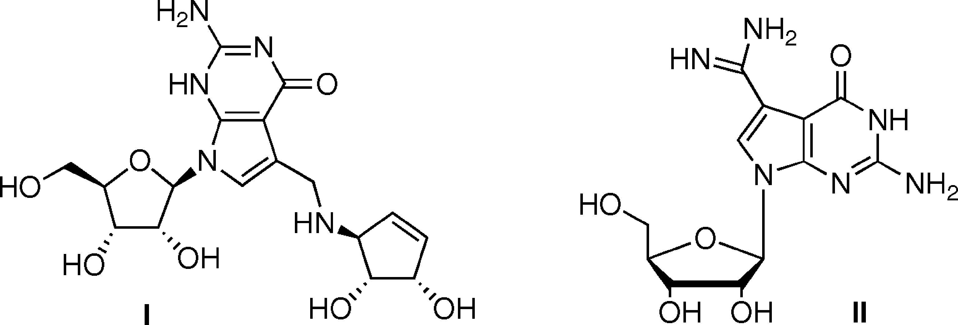 Queuosine (I) and Archaeosine (II).