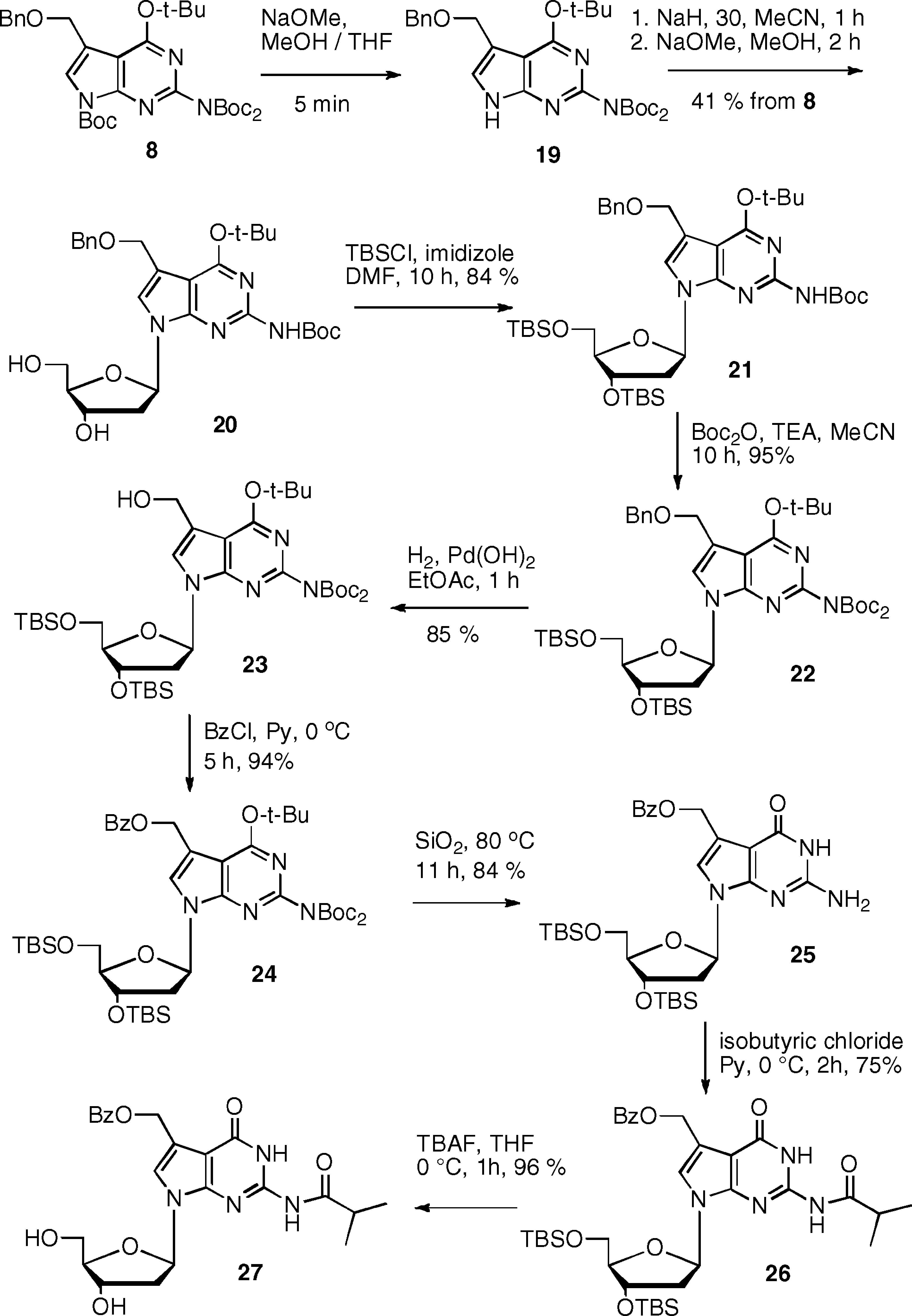 The conversion of 8 to the deoxynucleoside 27 involved its coupling to the chlorosugar after selective removal of the N7-Boc group with NaOMe (Scheme 4).