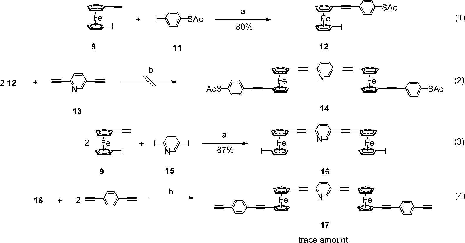 Using S-acetyl-4-iodothiophenol (11), ferrocene 12 could be prepared in high yield according to eq 1 of Scheme 4.