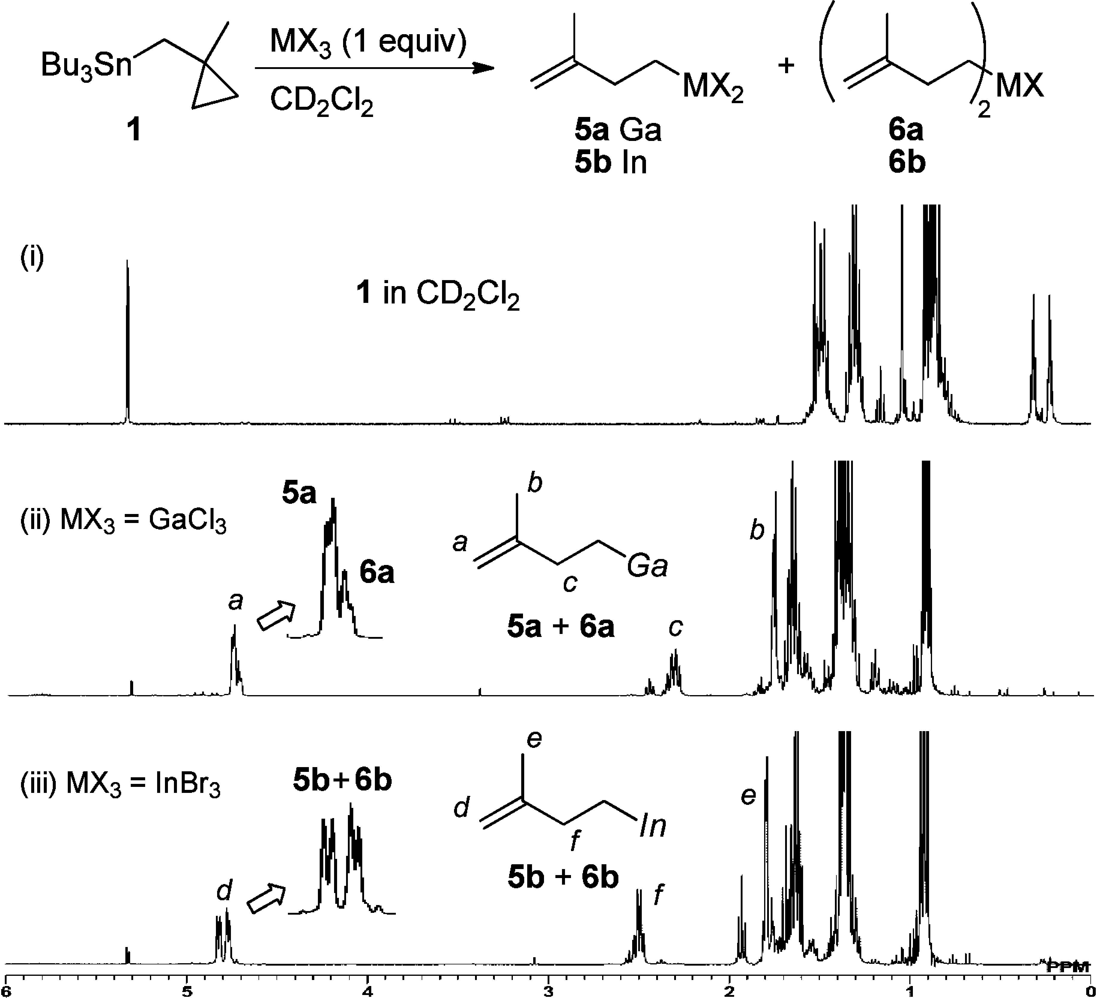 1H NMR spectra of (i) 1, (ii) the mixture of GaCl3 and 1, and (iii) the mixture of InBr3 and 1 in CD2Cl2. 