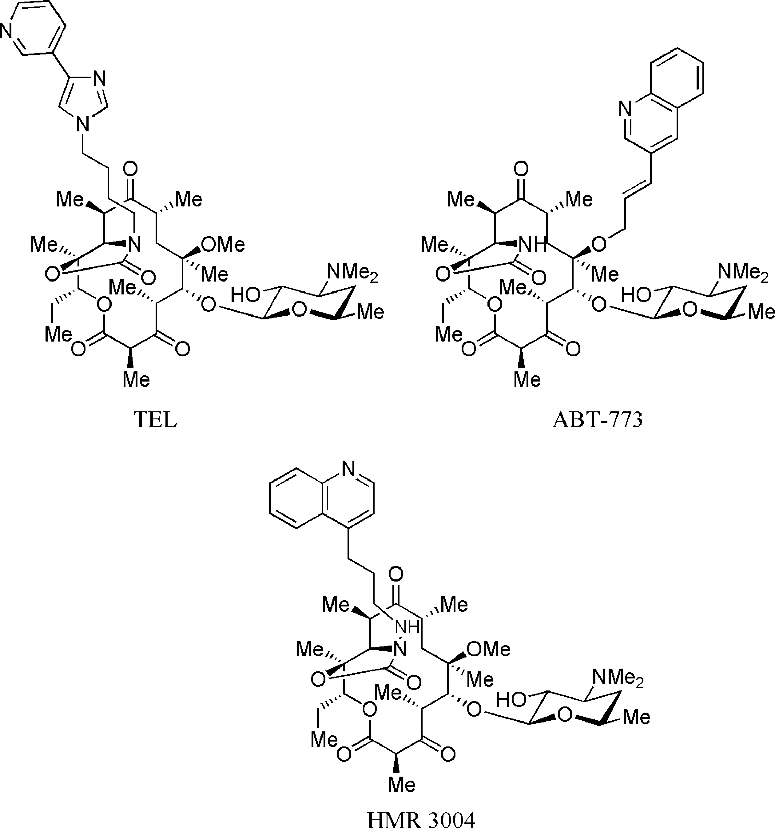 Structures of ketolides: Telithromycin, ABT-773, Hmr 3004.