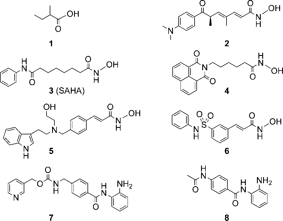 Chemically, the zinc-dependent HDACs inhibitors can be divided into several classes such as short-chain fatty acids (e.g., compound 1), hydroxamic acids 2–6, and benzamides 7 and 8 (Figure 3). 