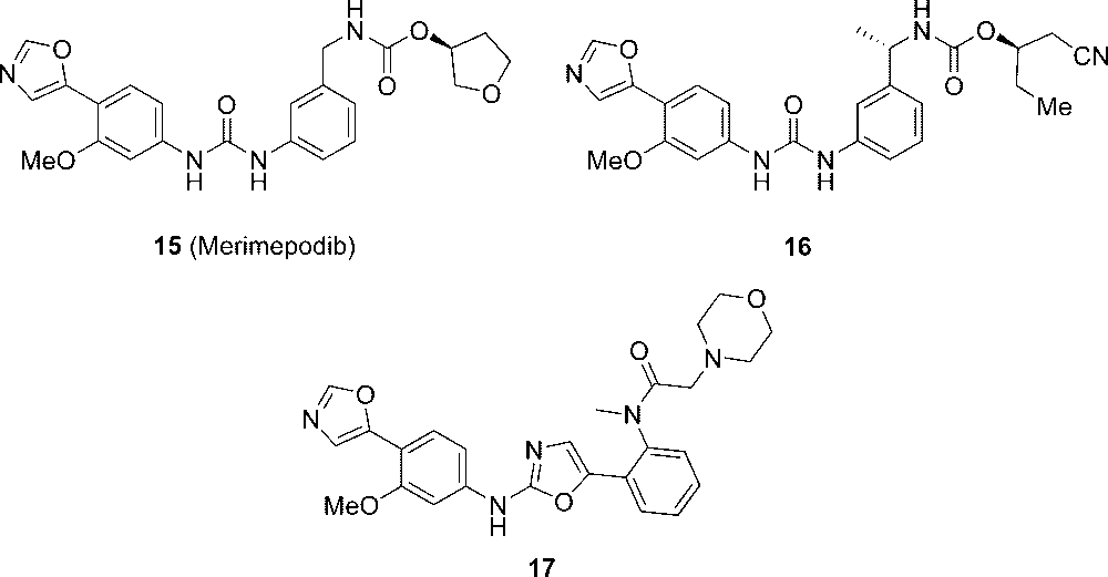 In a series of IMPDH  inhibitors developed by Vertex and Bristol-Myers-Squibb such as (S)-tetrahydrofuran-3-yl 3-(3-(3-methoxy-4-(oxazol-5-yl)phe-nyl)ureido)benzylcarbamate (15, merimepodib, Figure 5) and  related inhibitors 16 and 17, the phenyloxazole moiety with an ortho methoxy group was introduced and found to bind at the nicotinamide subdomain of NAD-binding pocket of IMPDH.