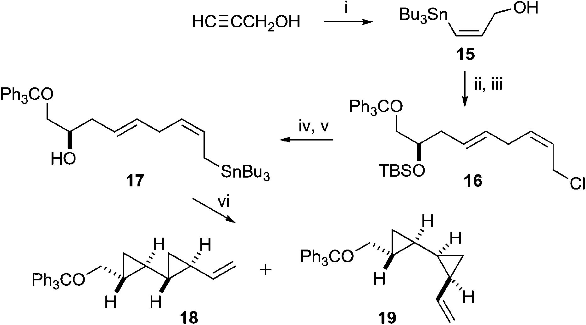 Reagents and conditions: i, LiAlH4, THF; Bu3SnOTf, 0 uC A rt,  83%; ii, 5, PdCl2(MeCN)2, NMP; iii, MsCl, LiCl, collidine, DMF, 0 uC A  rt; iv, LiSnBu3, THF, 278 uC, 78% from 15; v, TBAF, THF, Et3N, 72%;  vi, Tf2O, collidine, CH2Cl2, Et3N, 278 uC, 99%. 
