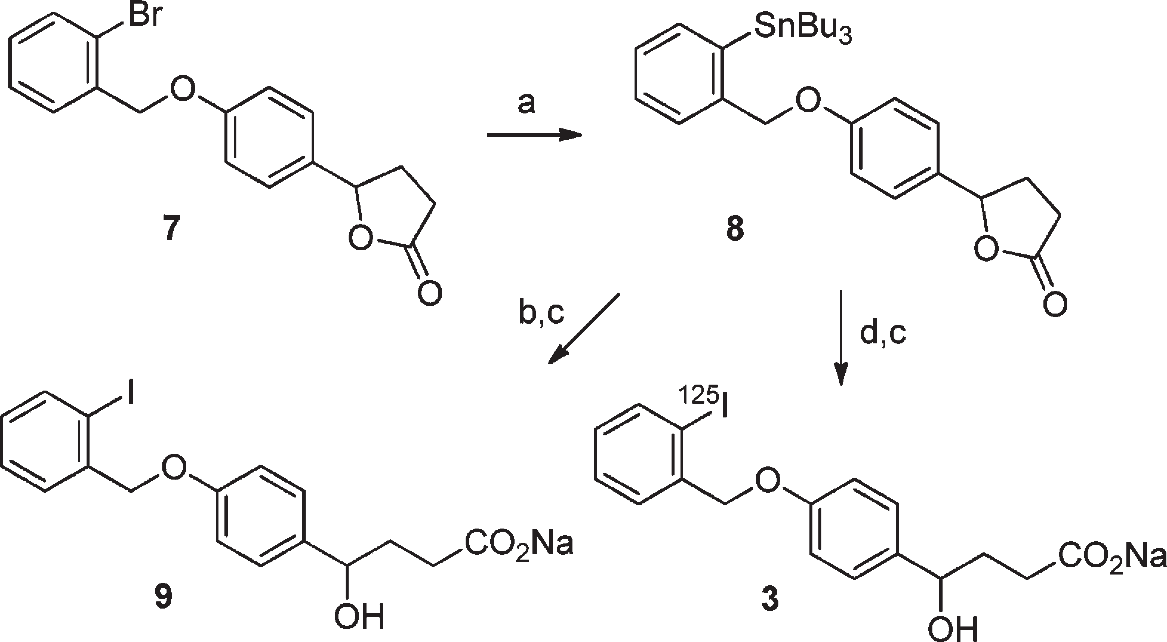 Reagents and conditions: (a) Pd(PPh3)4, (SnBu3)2, toluene, reflux,  22 h; (b) NaI, chloramine-T, 94% EtOAc, 4% DMF, 1% AcOH, 1%  H2O, room temp, 30 min, Na2S3O5; (c) NaOH, 1 h; (d) 3 mCi Na125I and  chloramine-T in a mixture of 94% EtOAc, 4% DMF, 1% AcOH, and  1% H2O, room temp, 30 min, Na2S3O5. 