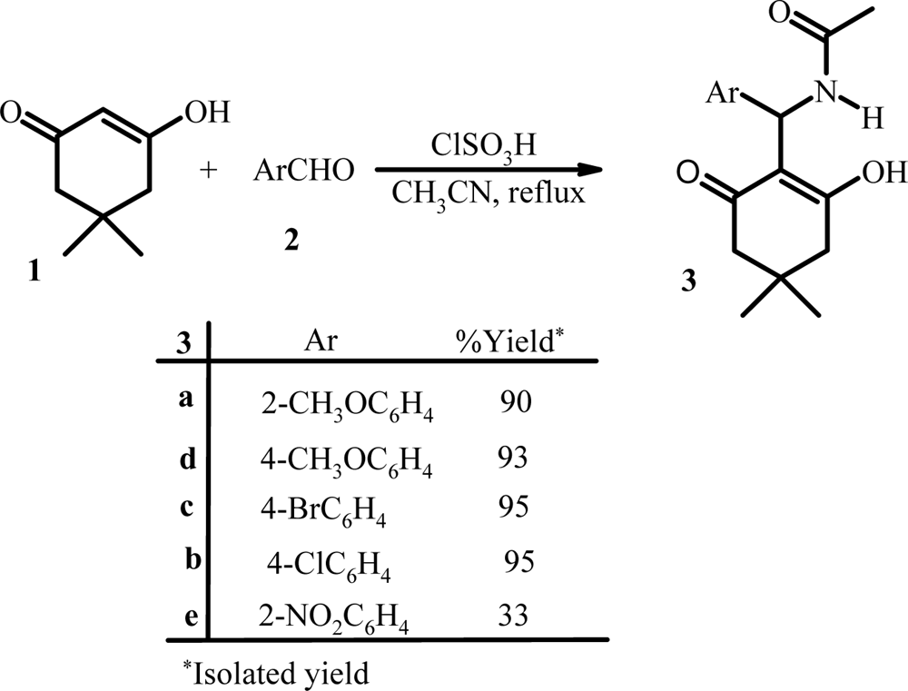 Three-component reaction of dimedon, aromatic aldehydes, and acetonitrile.  