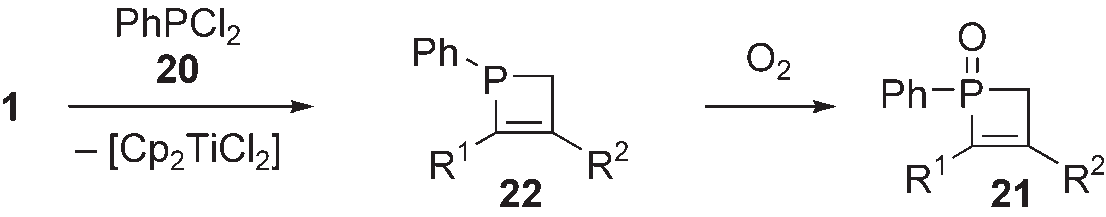 The formation of phosphacyclobutene P-oxides 21 by the reaction of titanacyclobutenes 1 with dichlorophenylphosphine (20). 