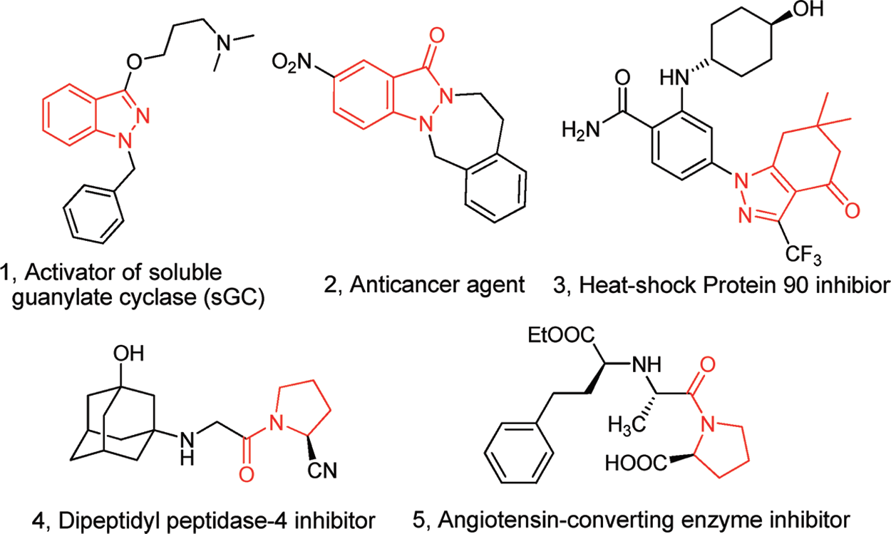 Biologically active compounds containing indazole, indazolone, tetrahydroindazolone, or N-acyl pyrrolidine moieties.