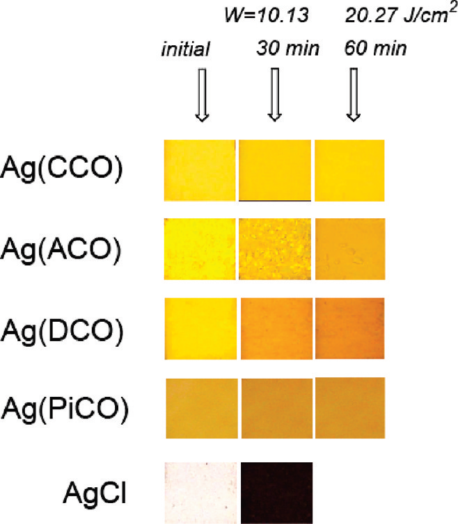 Resistance of synthesized solid silver(I) cyanoximates Ag-(CCO), Ag(ACO), Ag(DCO), and Ag(PiCO) toward high-energy UV-radiation at 254 nm in comparison to conventional light-sensitive silver chloride.