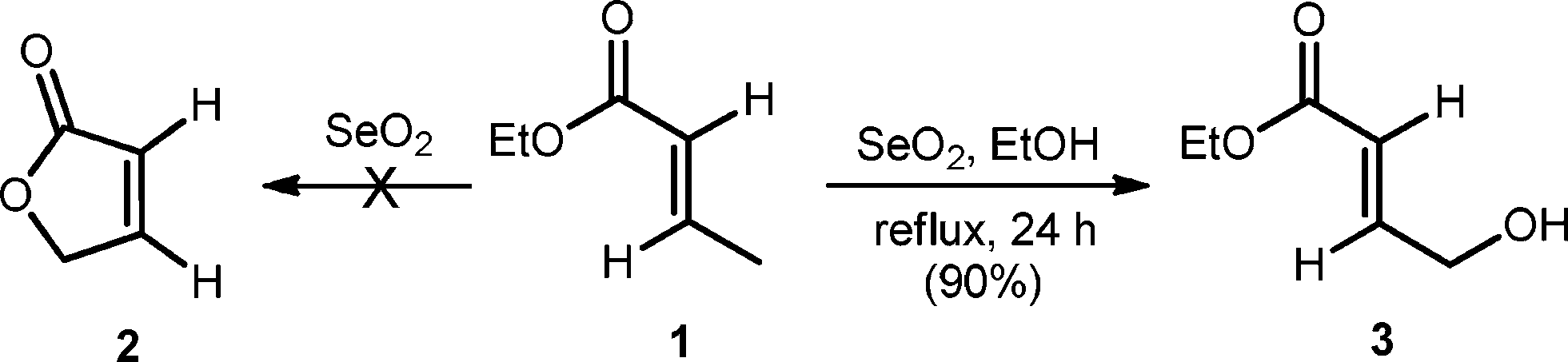 Stereoselective SeO2 oxidation of ethyl 3-methyl-2-butenoate.