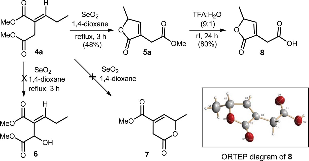 Regio- and stereoselective SeO2 oxidation of (E)-dimethyl 2-propylidenesuccinate.