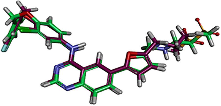 The alignment between the bioactive conformer of lapatinib (I) (colored in violet) and the docked pose (colored in green) at EGFR binding site.