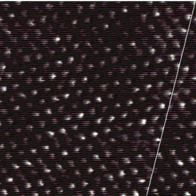 STm image of n-octanethiolates on Au(111) in the (√3×√3)-R30 arrangement (8 nm × 8 nm, -1 V, 16 pA). The gold substrate was  immersed for 8 h in 0.1 m n-octanethiol solution in ethanol at 55 °C.