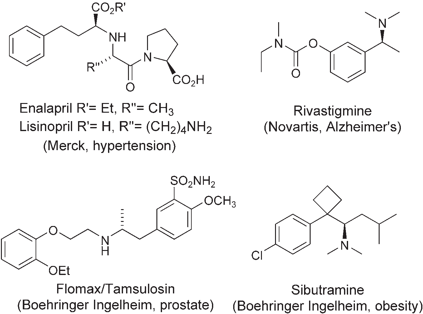 Pharmaceutical drugs containing a-chiral amine stereocenters: enalapril, lisinopril, rivastigmine, Flomax, TAMSULOSIN, sibutramine.