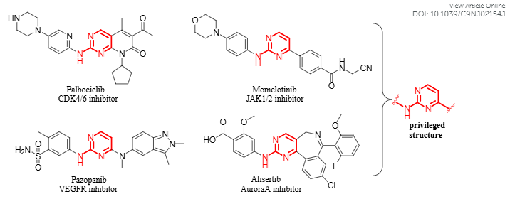 Structures of representative kinase inhibitors containing aminopyrimidine nuclei: Palbociclib, Momelotinib, Pazopanib, Alisertib