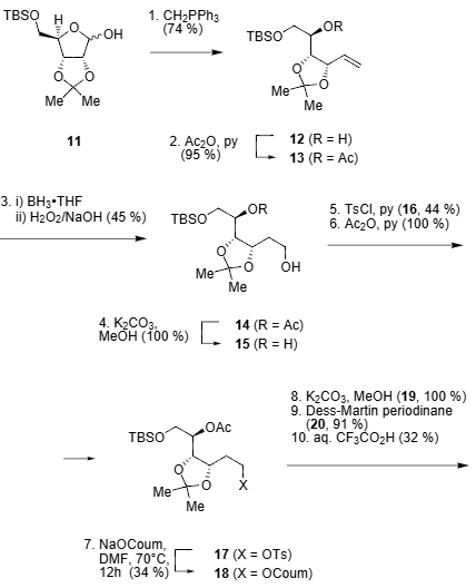 Synthesis of fluorogenic substrate 3 from protected d-ribofuranose 11.
