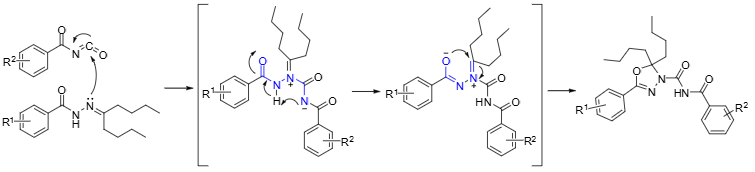 The possible mechanism of cyclcondensation reaction with substituted benzoylisocyanate to afford 1,3,4-oxadiazolines.